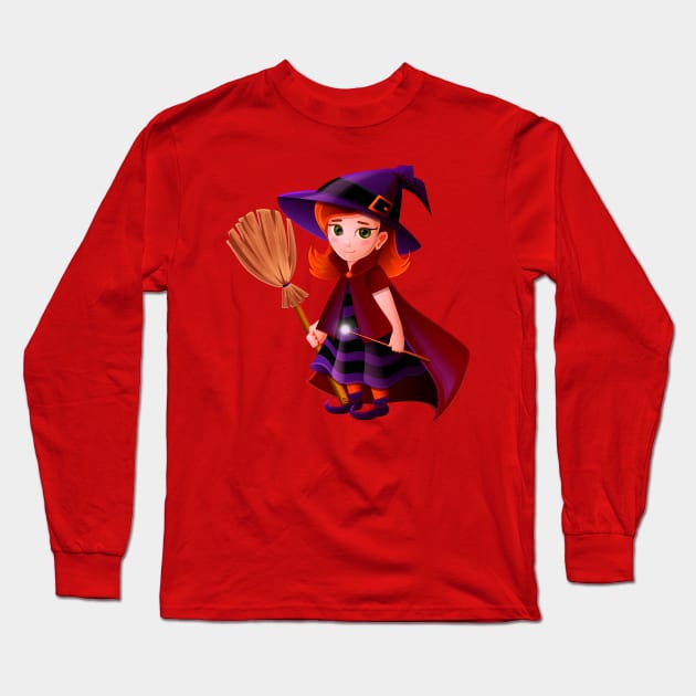 Cute Witch Long Sleeve T-Shirt by Mako Design 